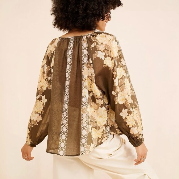 Free People Elena Printed Top Size XS Floral Relaxed Fit Tie Front Brown Multi - Picture 2 of 10